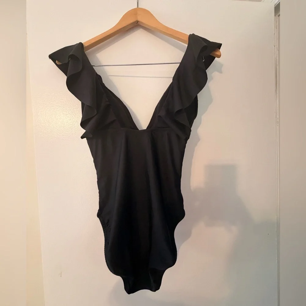 J. Crew Black Ruffle V-Neck One-Piece Swimsuit